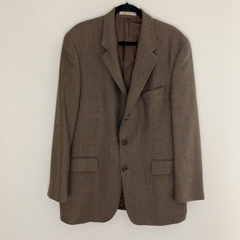 Ralph Lauren CHAPS Men Blazer 44T 100% Wool Brown Houndstooth Sport Coat